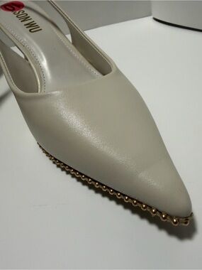 Jason Wu Cream Pointed Toe Slingback Heels with Gold Bead Trim